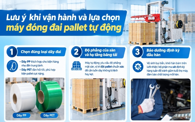 Lưu ý khi vận hành và lựa chọn máy đóng đai pallet tự động