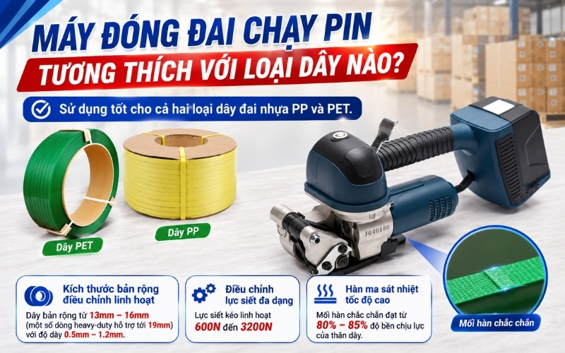 Máy đóng đai chạy pin tương thích với loại dây nào
