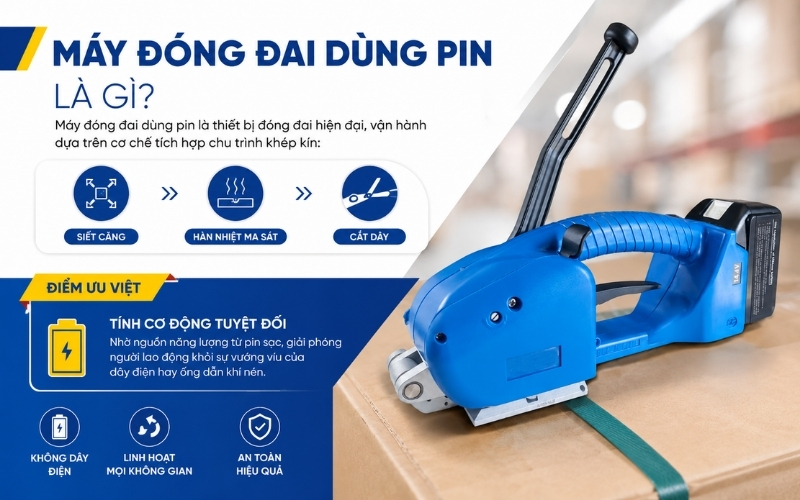 Máy đóng đai dùng pin là gì