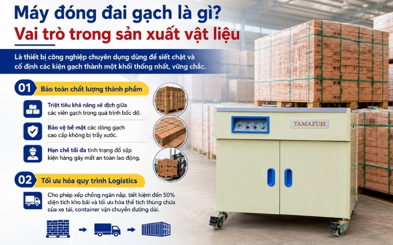 Máy đóng đai gạch là gì Vai trò trong sản xuất vật liệu