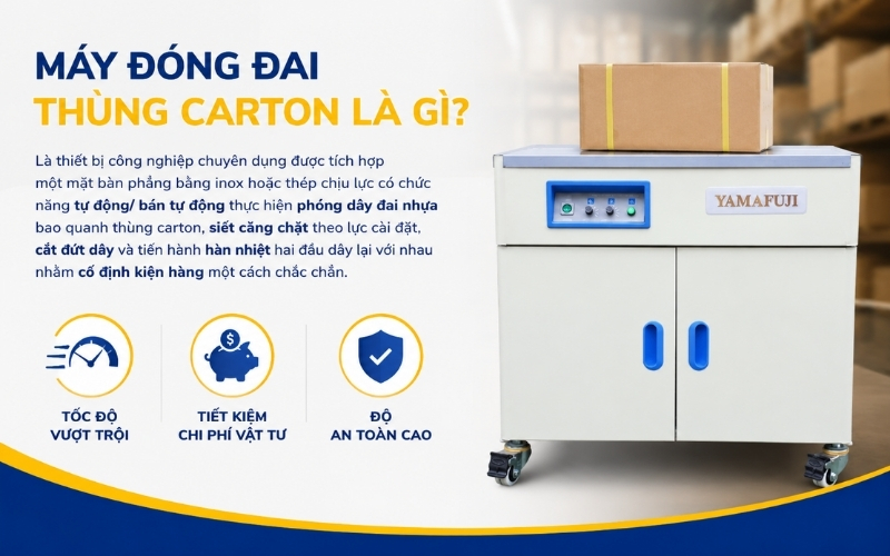 Máy đóng đai thùng carton là gì
