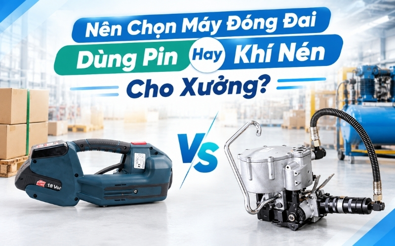 Nên Chọn Máy Đóng Đai Dùng Pin Hay Khí Nén Cho Xưởng