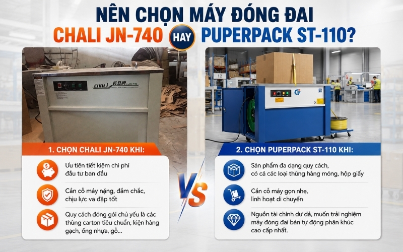 Nên chọn máy đóng đai Chali JN-740 hay Puperpack ST-110