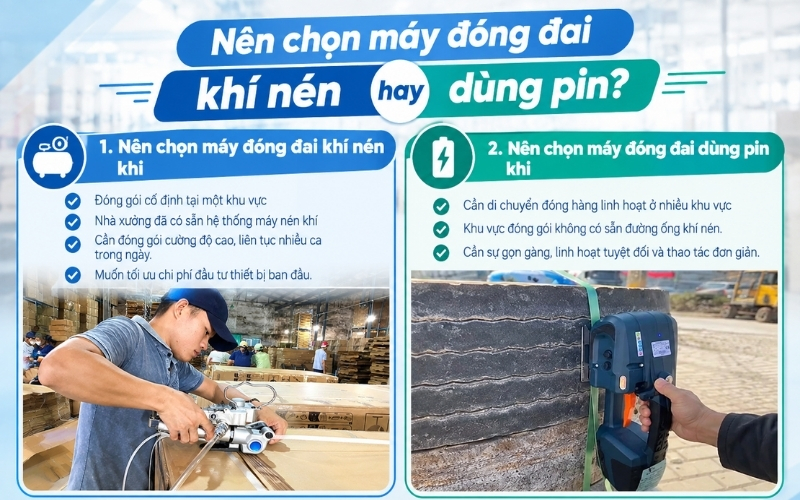 Nên chọn máy đóng đai khí nén hay dùng pin