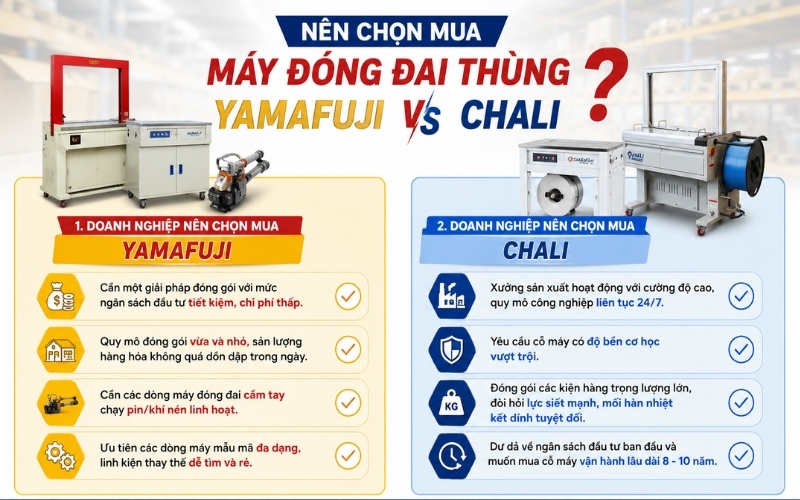 Nên chọn mua máy đóng đai thùng Yamafuji hay Chali