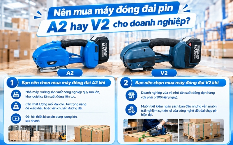 Nên mua máy đóng đai pin a2 hay v2 cho doanh nghiệp