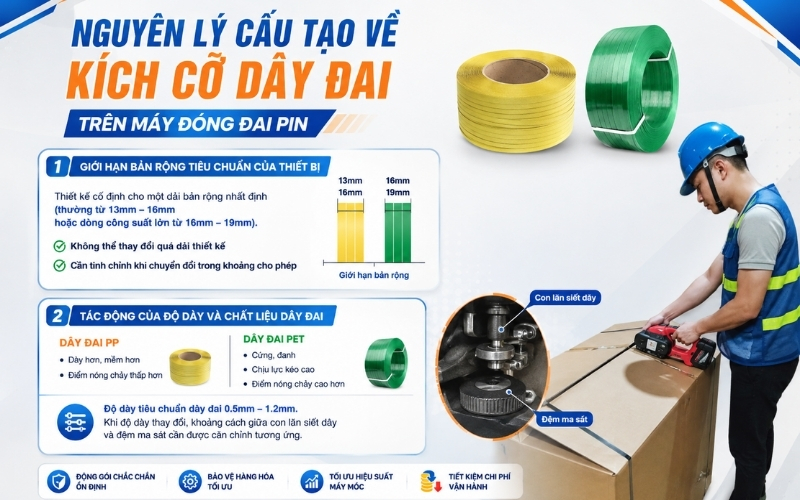 Nguyên lý cấu tạo về kích cỡ dây đai trên máy đóng đai pin