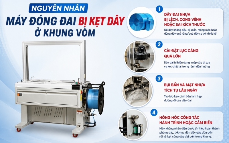 Nguyên nhân máy đóng đai bị kẹt dây ở khung vòm