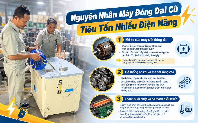 Nguyên nhân máy đóng đai cũ tiêu tốn nhiều điện năng