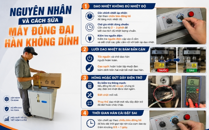 Nguyên nhân và cách sửa máy đóng đai hàn không dính