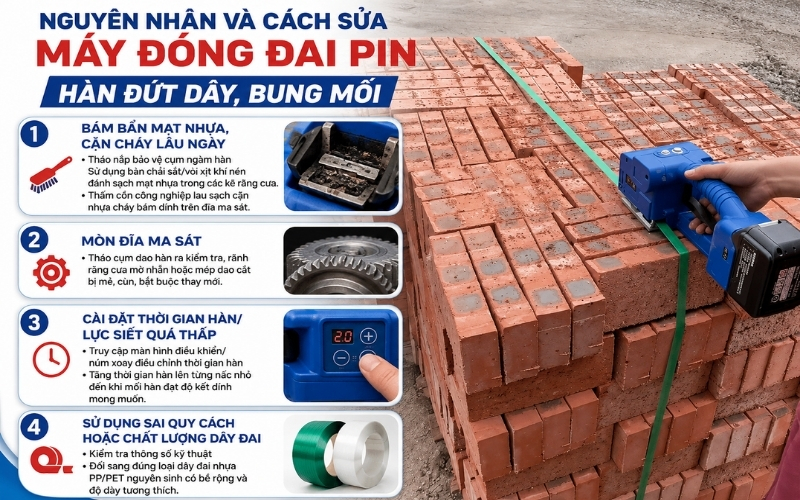 Nguyên nhân và cách sửa máy đóng đai pin hàn đứt dây, bung mối