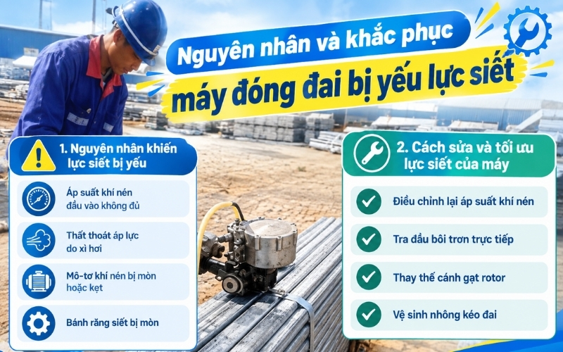 Nguyên nhân và khắc phục máy đóng đai bị yếu lực siết
