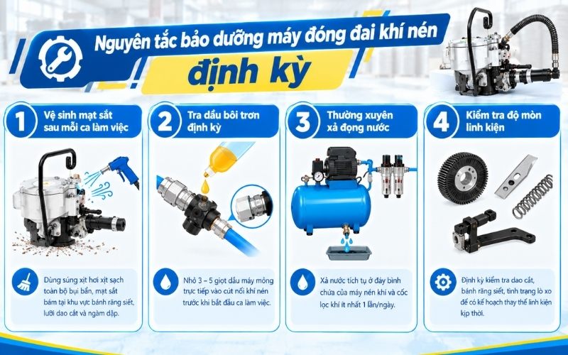 Nguyên tắc bảo dưỡng máy đóng đai khí nén định kỳ