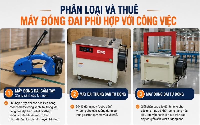 Phân loại và thuê máy đóng đai phù hợp với công việc