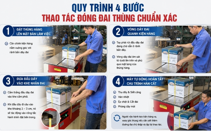 Quy trình 4 bước thao tác đóng đai thùng chuẩn xác