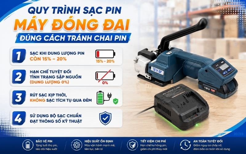 Quy trình sạc pin máy đóng đai đúng cách tránh chai pin