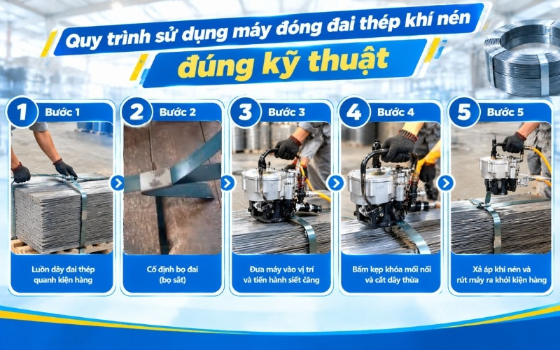 Quy trình sử dụng máy đóng đai thép khí nén đúng kỹ thuật