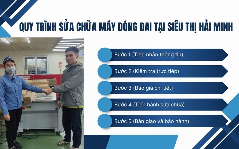 Quy trình sửa chữa máy đóng đai tại siêu thị Hải Minh