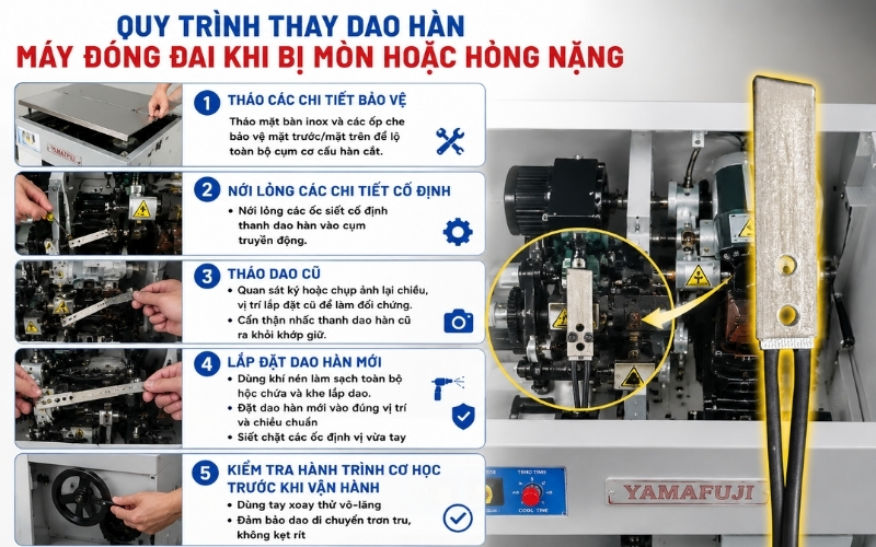 Quy trình thay dao hàn máy đóng đai khi bị mòn hoặc hỏng nặng