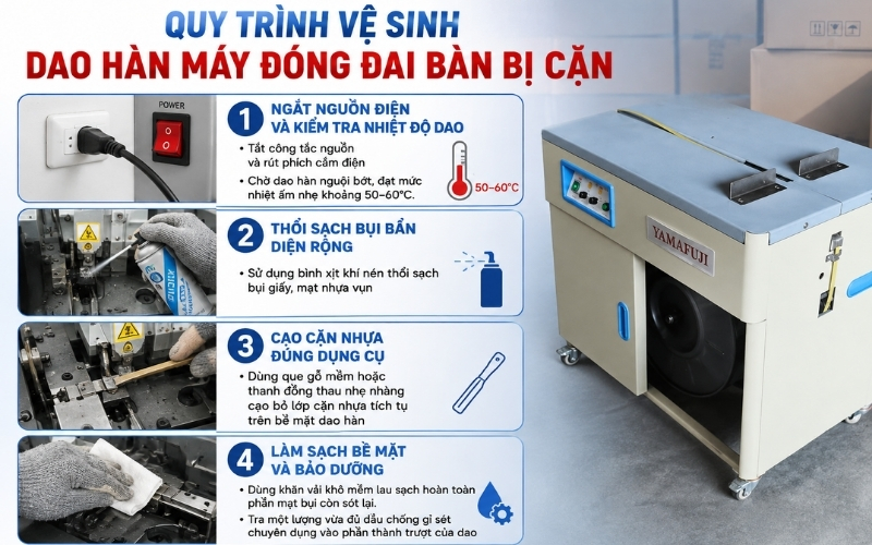 Quy trình vệ sinh dao hàn máy đóng đai bàn bị cặn