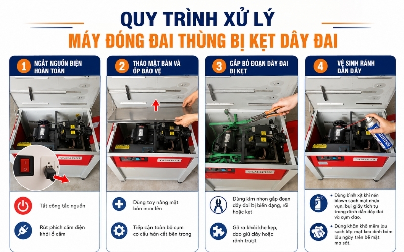 Quy trình xử lý máy đóng đai thùng bị kẹt dây đai