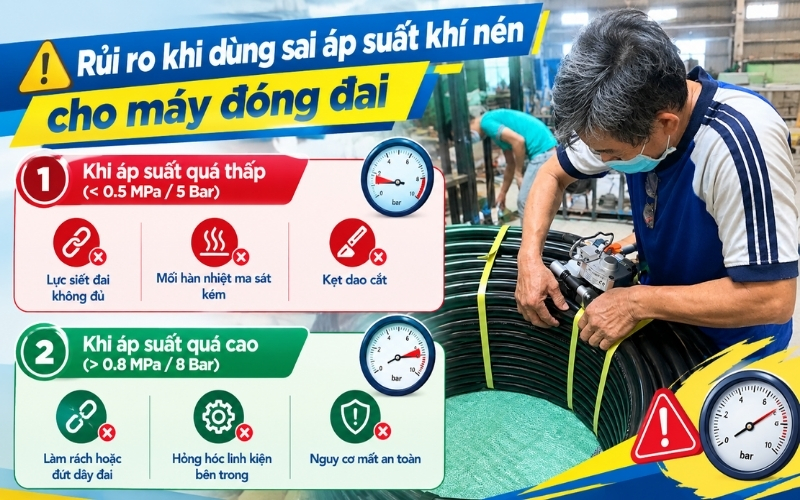 Rủi ro khi dùng sai áp suất khí nén cho máy đóng đai