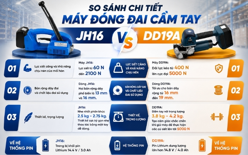 So sánh chi tiết máy đóng đai cầm tay JH16 Và DD19A