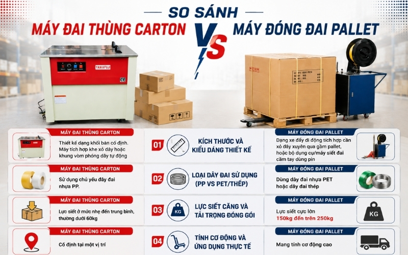 So sánh máy đai thùng carton vs máy đóng đai Pallet