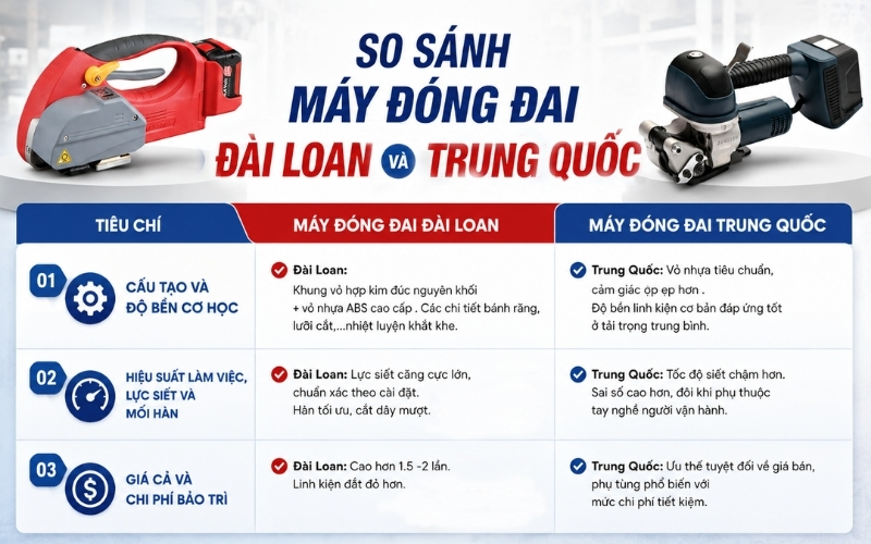 So sánh máy đóng đai Trung Quốc và Đài Loan