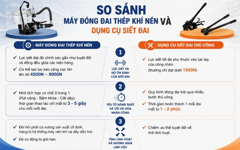So sánh máy đóng đai thép khí nén và dụng cụ siết đai