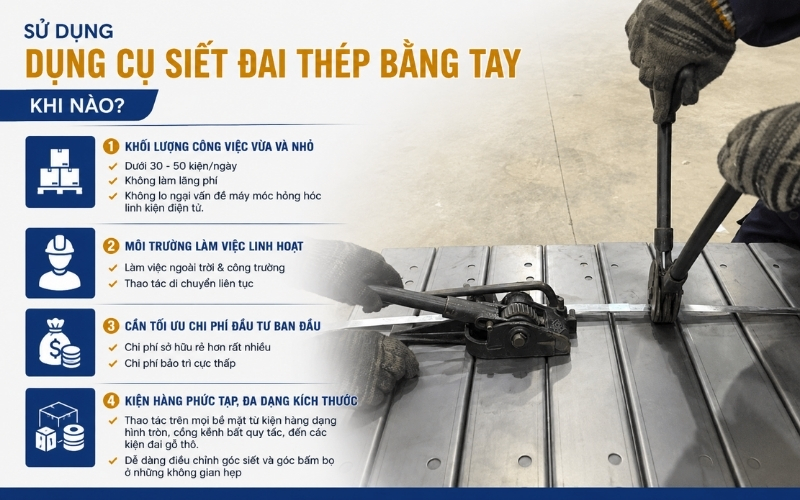 Sử dụng dụng cụ siết đai thép bằng tay khi nào