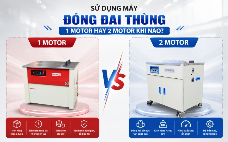 Sử dụng máy đóng đai thùng 1 motor hay 2 motor khi nào