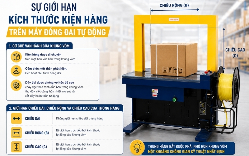 Sự giới hạn kích thước kiện hàng trên máy đóng đai tự động
