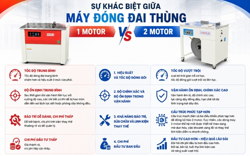 Sự khác biệt giữa máy đóng đai thùng 1 motor và 2 motor
