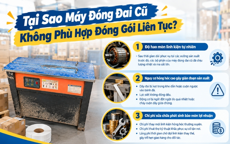 Tại sao máy đóng đai cũ không phù hợp đóng gói liên tục