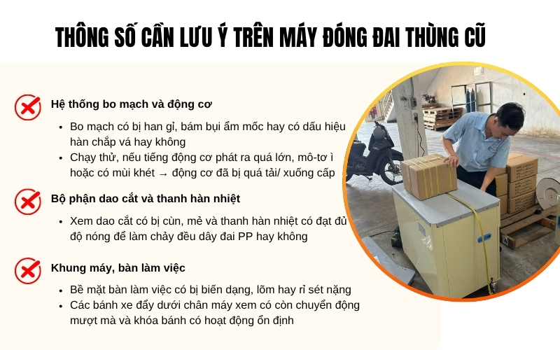 Thông số cần lưu ý trên máy đóng đai thùng cũ
