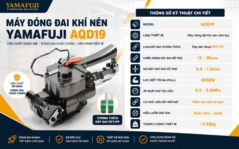 Thông số kỹ thuật chi tiết của máy đóng đai khí nén Yamafuji AQD19