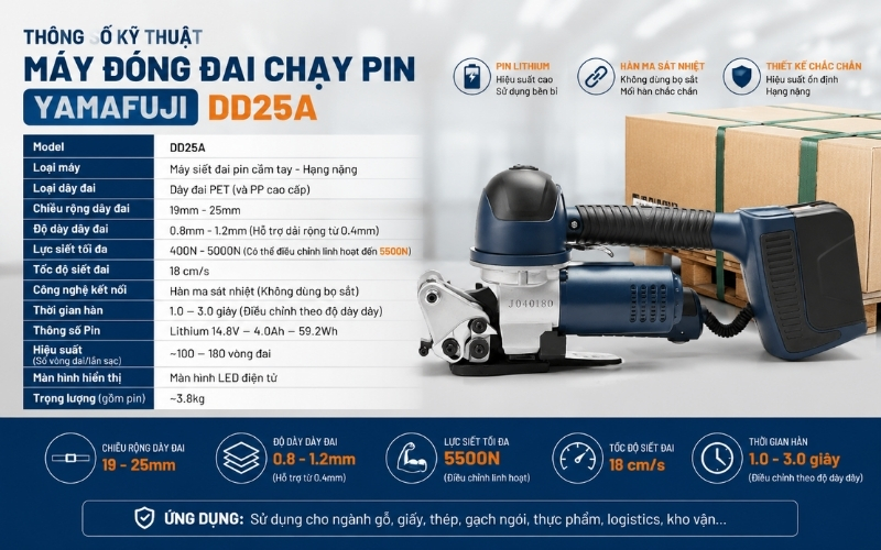 Thông số kỹ thuật máy đóng đai chạy pin Yamafuji DD25A