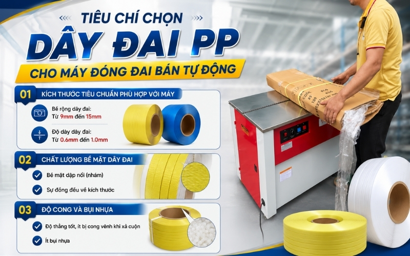Tiêu chí chọn dây đai PP cho máy đóng đai bán tự động