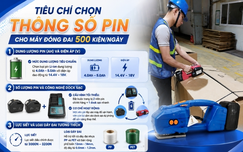 Tiêu chí chọn thông số pin cho máy đóng đai 500 kiện/ngày
