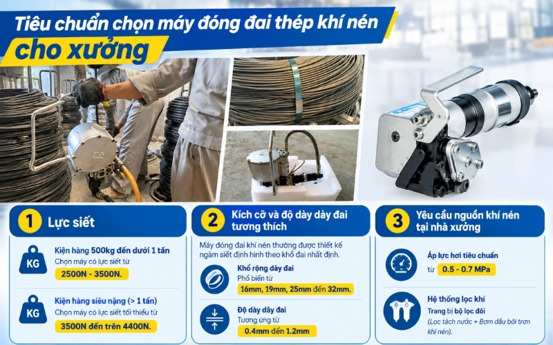 Tiêu chuẩn chọn máy đóng đai thép khí nén cho xưởng