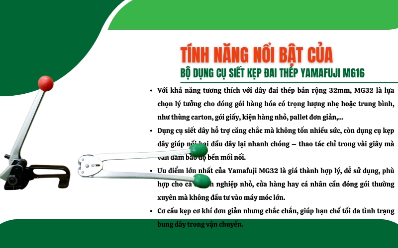 Đặc điểm và tính năng nổi bật của bộ dụng cụ siết kẹp đai thép Yamafuji MG16