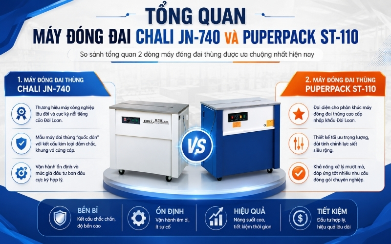 Tổng quan máy đóng đai Chali JN-740 và Puperpack ST-110