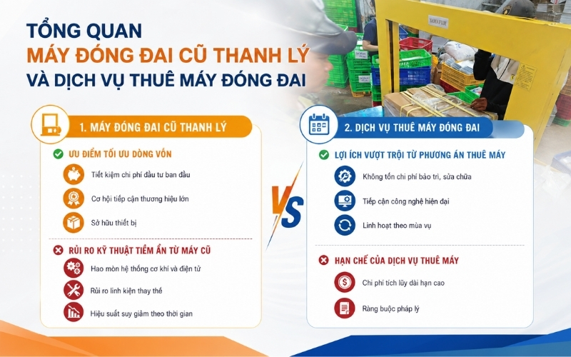 Tổng quan máy đóng đai cũ thanh lý và dịch vụ thuê máy đóng đai