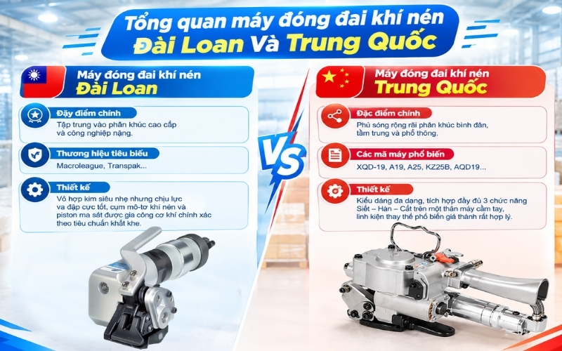 Tổng quan máy đóng đai khí nén Đài Loan Và Trung Quốc