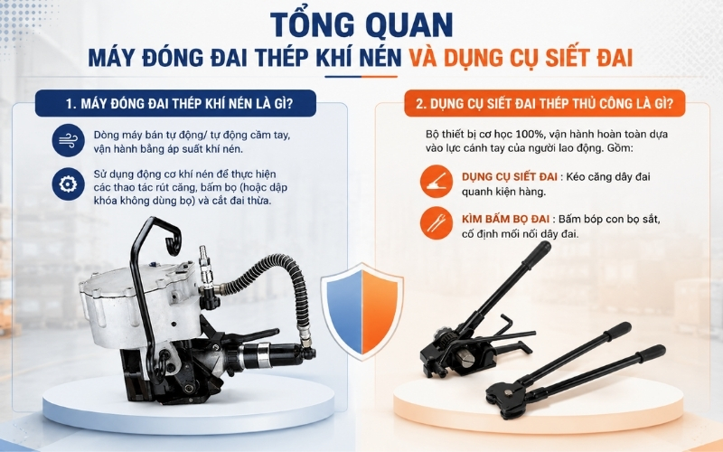 Tổng quan máy đóng đai thép khí nén và dụng cụ siết đai