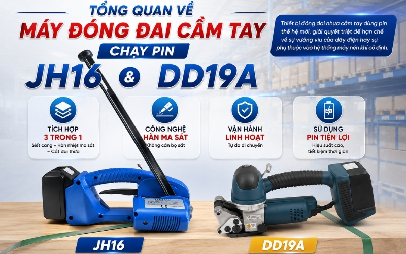 Tổng quan về máy đóng đai cầm tay chạy pin JH16 Và DD19A