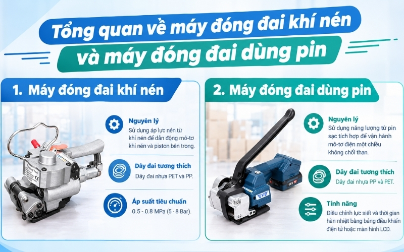 Tổng quan về máy đóng đai khí nén và máy đóng đai dùng pin