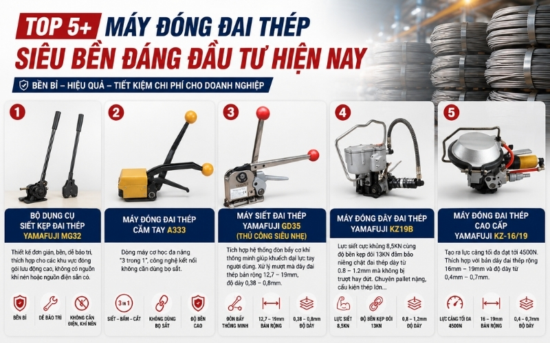 Top 5+ máy đóng đai thép siêu bền đáng đầu tư hiện nay