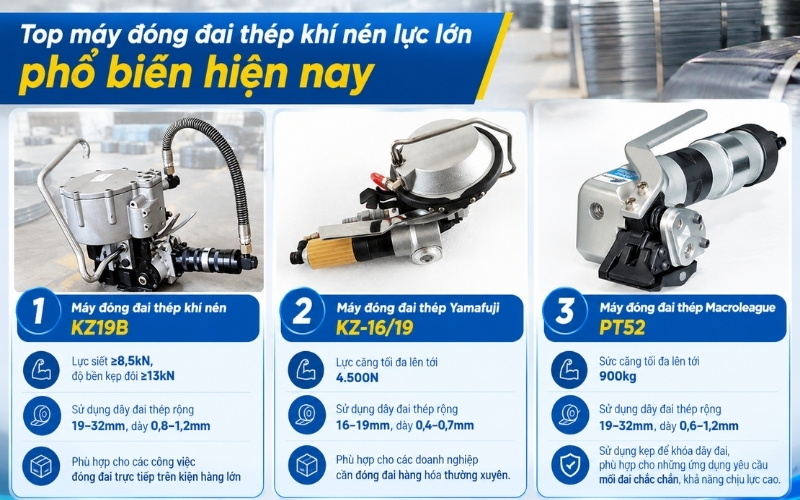 Top máy đóng đai thép khí nén lực lớn phổ biến hiện nay
